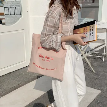 Холщовая чанта с писмото принтом, дамски проста чанта през рамо, женствена чанта за пазаруване в корейски стил, студентски сладко чанта за книги, лятна плажна чанта