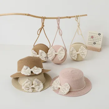 FOCUSNORM от 2 до 7 години, лятна шапка с чанта за малки момичета, плажна сламена шапка с широка периферия и лък, плажна сламена шапка от слънцето с чанта през рамо