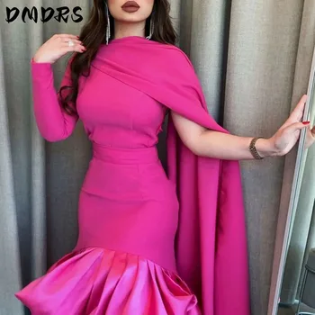 Сатенени рокли на Русалка за бала с дължина до чай, вечерни рокли с един ръкав, без презрамки, Саудитска Арабия, Vestidos De Noche