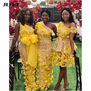 2021 Жълто черно Женско сватбена рокля с лък и Цветя, сатен африкански Рокли на Шаферките на едно рамо, Дълга