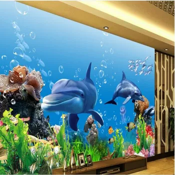 обичай мащабни стенописи wellyu, индивидуалност, 3D стерео подводен свят, на фона на телевизор с делфини, нетъкан тапет
