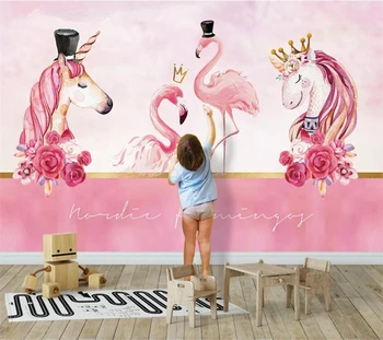 beibehang Потребителски тапети 3d Nordic ins розова пара фламинго еднорог ТЕЛЕВИЗИЯ фон стена всекидневна, детска стая, 3D тапети