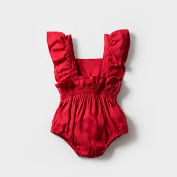 Гащеризон За новородени момичета, червен гащеризон за малки момичета, летни дрехи за малките момичета, рокля с рюшами и яка от 0 до 24 месеца