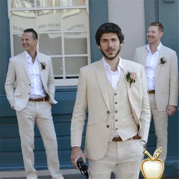 Най-новите модели палта и панталони в Бежов цвят, комплект от 3 теми, оборудвана сватбен костюм за най-добрите мъже, летен смокинг Булката за сватбата, Комплект от 3 теми (яке + панталон + елек)