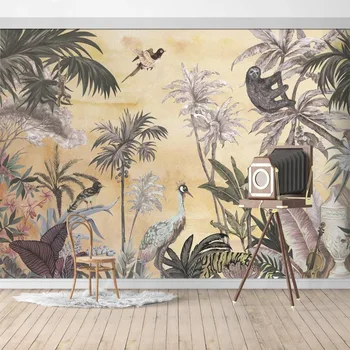 Тапет с участието на джунглата, животни, бежово залез, рисувани стенни PW20190421016