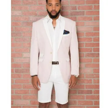 2020 Бежов мъжки смокинг на поръчка с Бял ревера Бели къси панталони от 2 теми (Яке + Панталон + вратовръзка) Смокинг в летен стил