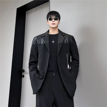 2023 Есента индивидуален изработена мъжки костюм от изкуствена кожа, всекидневни свободен уникален дизайн с цип, зашити блейзери от изкуствена кожа за мъжете M-XL