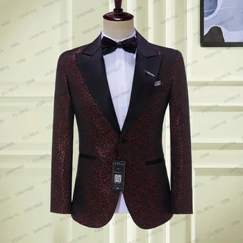 2023 Деловият мъжки костюм, червена пролетно яке, черен блейзър с модел, приталенная жаккардовая плат, сватбена палто за младоженеца, филтър за бала