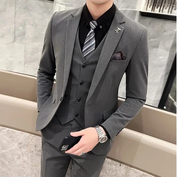 2023 най-Новият сив бизнес-костюм за мъжете, комплект от 3 теми (яке + панталон + Елек), Бизнес офис с костюм в британския стил, мъжки костюм
