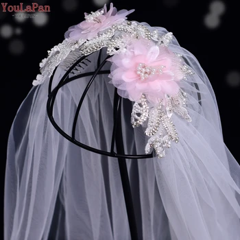 YouLaPan VS498 Воали за младоженци с превръзка на главата, Воали за младоженци с цветя, бежово прическа за младоженци, Воали за младоженци с кристали, бродирани мъниста