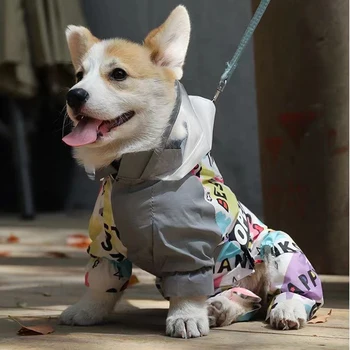Дъждобран за кучета, водоустойчив модерен мушама с графити, с качулка за малки до средни кучета, светоотражающее улично пончо от дъжд за кученца с тяговой катарама