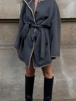Сива ежедневни дамски яке с колан, кръгло деколте, дълги ръкави, джобове, плиссированное дамско палто с ламперия, есен-зима, универсални дамски якета 2023 г.