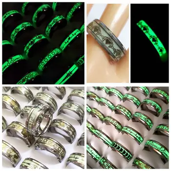20 бр/лот, посеребренное светлинен пръстен 8 мм, мъжки флуоресцентни пръстени от неръждаема стомана, мъжки светещи пръстени в тъмното, класически бижута