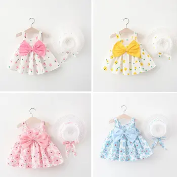 2023 Лятна рокля за малки момичета, Сладък рокли с флорални принтом и шапка, модни детски дрехи в корейски стил, Ежедневни облекла, бебешки комплекти