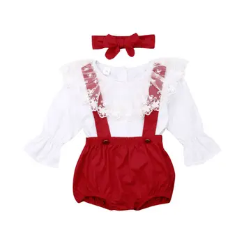 Комплект Дрехи за новородени момичета 0-24 м, дантелени блузи принцеса с дълги ръкави + червен Гащеризон + превръзка на главата, Коледни костюми за малките момичета
