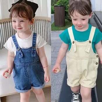 Летни Детски гащеризони от плат деним в корейски стил, дънкови шорти оверсайз за малки момичета, свободни разнообразни ежедневни панталони за момчета от 2 до 6 години