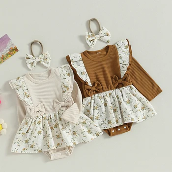 Есента рокля-гащеризон за новородени момичета, дрехи принцеса в стил мозайка с волани и цветисти принтом, гащеризон с превръзка на главата