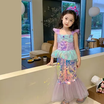 Принцеса рокля на Русалка Ариел за момичета 3-8 години, бебешка рокля с пайети и риба опашка, приталенная пола на бедрата, детски каишка, цветна рокля с риба опашка