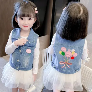Каубойски жилетка с яка за момичета, пролетта и есента новият корейски стил, дънкови палто със завързана яка за малки деца, детска жилетка без ръкави