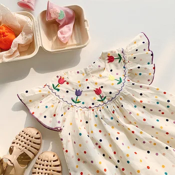 Модно детско лятна рокля с изгорени ръкави за малки момичета, памучни рокли с бродерия на цветя в грах, детско ежедневна рокля