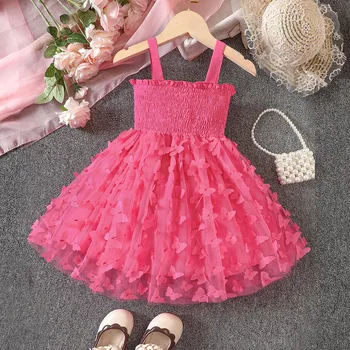 Тюлевое рокля с 3D пеперуда за малки момичета, однотонное принцеса рокля без ръкави, денс парти, сетчатое рокля-пакетче, летни детски дрехи