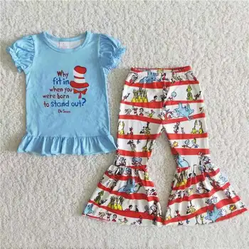 2023, на Едро, в комплект детски панталони-клеш, летни дрехи за малките момичета, костюм на райе с анимационни принтом