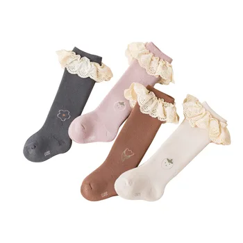 Детски чорапогащи, есен-зима, нови хавлиени сгъстено детски чорапи, дантелени чорапи в корейски стил за новородени момичета