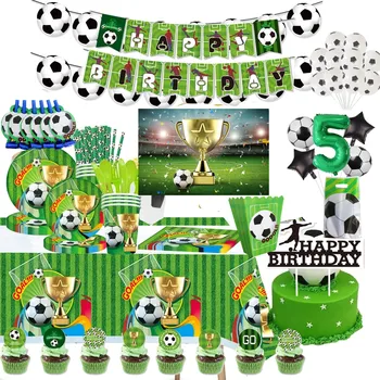 Декорация за детски рожден Ден, за еднократна употреба покривката на футболната тематика, футболни хартиени чинии, Чаши, балон, за детски партита, душ