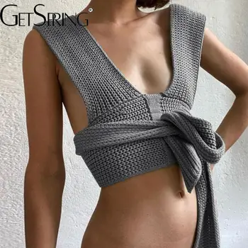 Дамски блузи Getspring, съкратен топ за жени 2023, пролет-лято, обогатяване с дълбоко V-образно деколте, без ръкави, трикотажни секси тениски, къси плетени