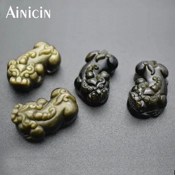 2 бр. модни окачване Фън Шуй Pixiu, Способни да привличат богатство, китайското митично същество, златни накити от обсидиан, с резба за мъже