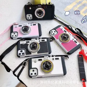 Кожен Калъф за 3D Ретро Камери, с Каишка за iPhone 11 13 Pro Max 12 Mini XS XR X 7 8 Plus SE 2020 iPone 13Pro Case Аксесоари