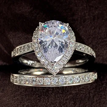 Комплекти пръстени за пръстите на Пасианс Lab с диаманти от бяло злато, вечерни сватбени пръстени за жени, мъжки бижута за годеж, подарък за рожден ден