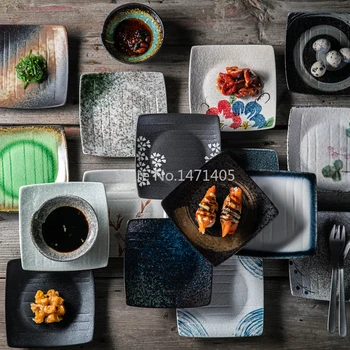 Керамична чиния с японски стил, с квадратна чиния, креативна керамична посуда и прибори, Чиния за предястие, Ястие за суши