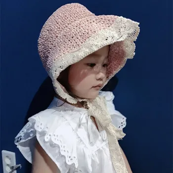 Нова детска слама рибарска шапка свързани с каишка, сгъваема сенника, големи стрехи, универсална сламена шапка за плажната момичета