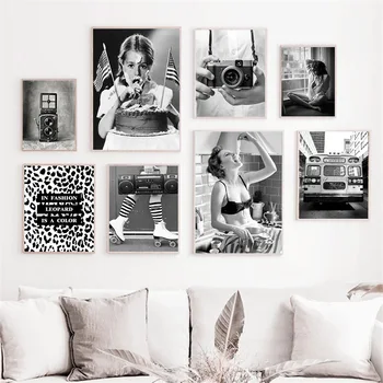 Модерен секси жена художествен плакат с участието на момичета, Черно-Бял леопардовый принт, цитати, изкуство, печат, камера, платно, живопис, модерен Начало Декор