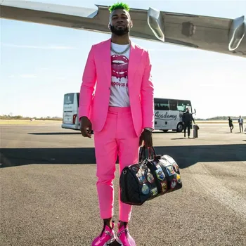 Ярко розово мъжки костюм, оборудвана блейзър, бизнес комплекти, смокинги на една пуговице, яке и панталони, сватба облекло за младоженеца с ревера