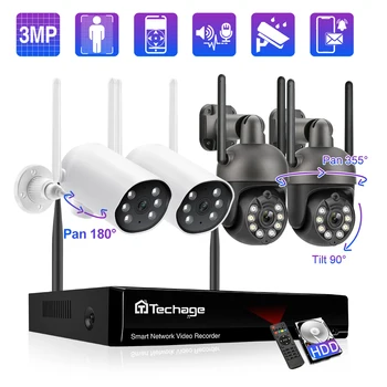 Techage 3MP H. 265 8CH Безжичен Комплект за Видеонаблюдение PTZ С Автоматично Проследяване на WiFi IP Камера NVR Комплект Външно Цветно за Нощно Виждане за видео наблюдение