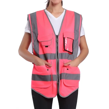 Розово защитна жилетка за жени, работни облекла с повишена видимост, униформи с джобове