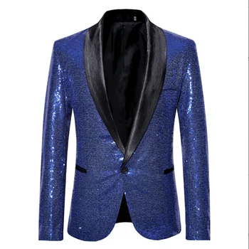Голям размер 2XL, брилянтно синьо сако с пайети, мъжко сако, украсени с пайети костюм за бала, блейзър, Костюм Homme, сценична облекло за певци
