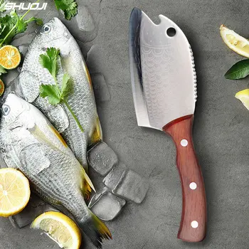 Рыбообразный нож SHUOJI, кухненски нож от неръждаема стомана, Малки тесаки, Ножове за барбекю на открито, Преносим Инструмент за готвене с лазер модел