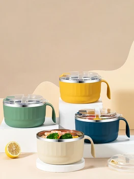 Купички за супа от неръждаема стомана WORTHBUY Двупластова купа за спагети с капак Кутия за топла обяд супа с Кухненски контейнер за хранене