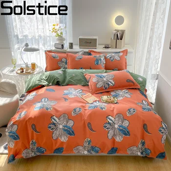 Solstice Домашен текстил King Queen Twin Пълен комплект спално бельо за момичета Детско Спално Бельо с оранжеви листа, чаршаф, Чаршаф, калъфка за възглавница