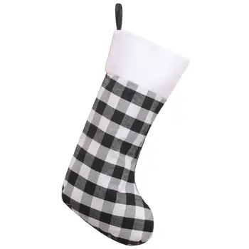 Голям Коледен чорапи, червени, черни, бели коледни чорапи в клетката цвят бизон, Коледни чорапи, украса за семейна почивка