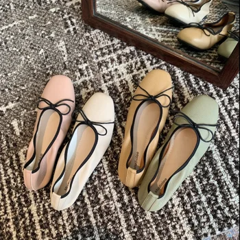 Елегантен Дамски Меки обувки; Новост 2023 г.; Дамски обувки с лък в Квадратни главичката; Модни Дамски обувки на равна подметка със затворени пръсти
