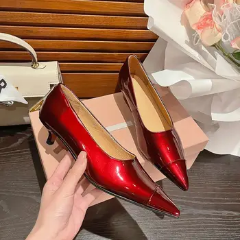 Красиви вино-червени обувки от естествена кожа на висок ток, пролетни модни пикантни клубни вечерни сватбени женски обувки на токчета