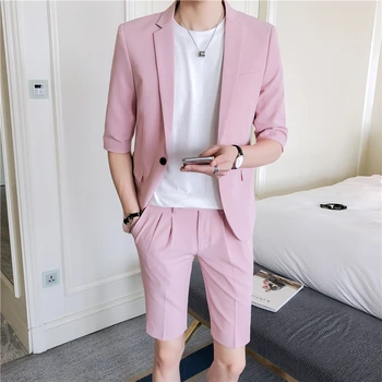 Комплект от летен мъжки костюм 2022 година, плътно прилепнали панталони с дължина до коляното с къс ръкав в корейски стил, мъжки розово-бяло яке с къси штанами
